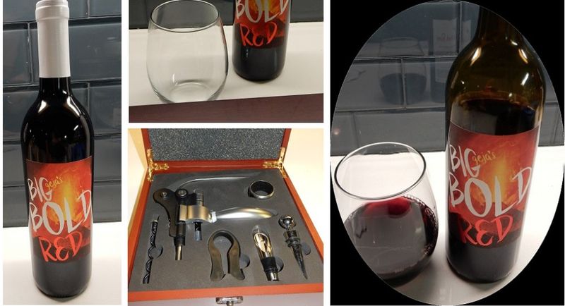 A four-panel photo featuring Big Bold Red wine, a box with a wine opener tool, an empty wine glass, and a full wine glass next to a bottle of red wine
