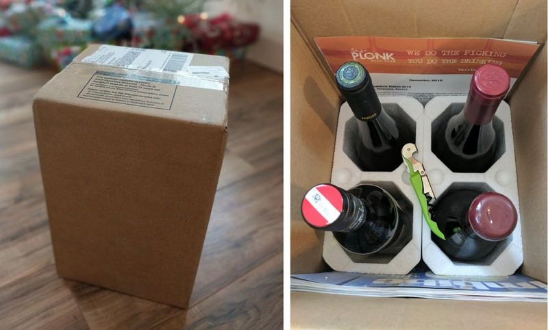 Two-panel photo, the left side showing a cardboard box and the right side showing four wine bottles in a box