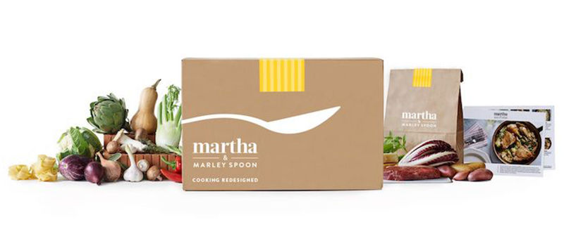 Marley Spoon box, recipe bag, and recipe cards