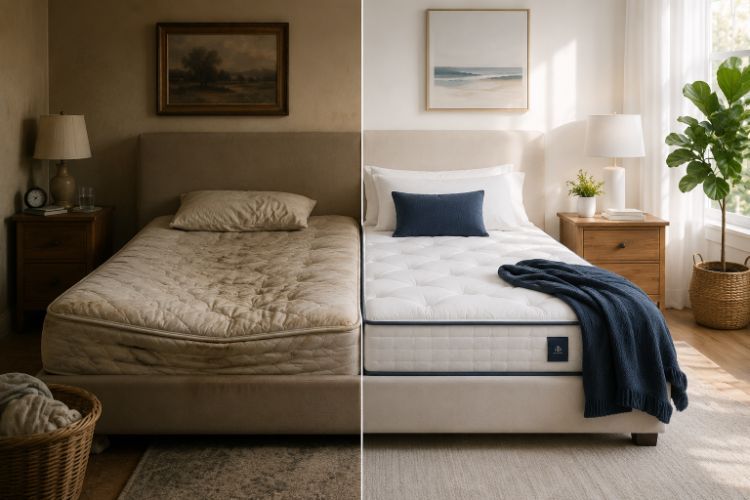 A bedroom scene showing an older mattress