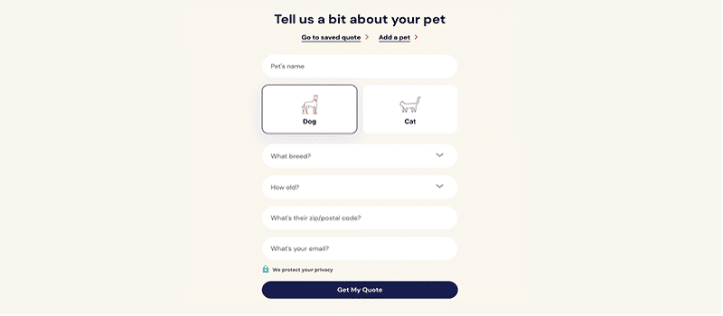 Screenshot of Petplan quote questionnaire