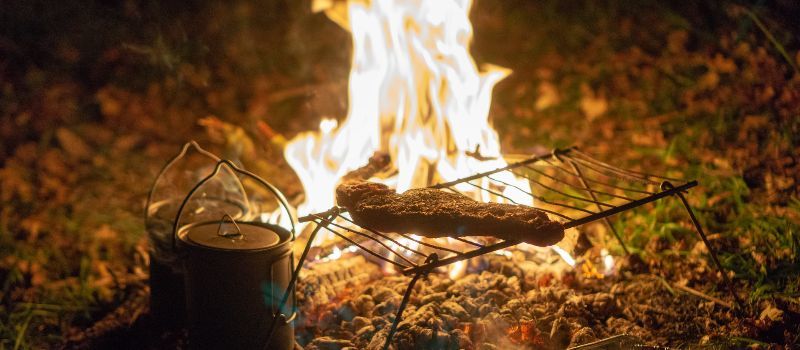 steak cooking on an open fire