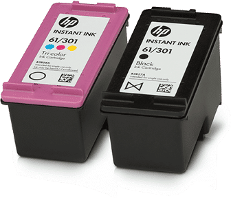 Two ink cartridges showing HP Instant Ink color and black ink
