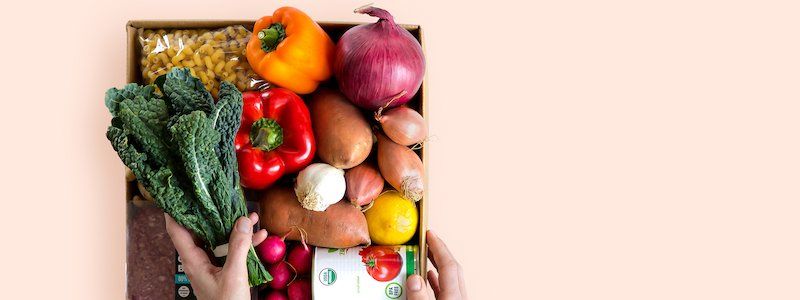 Box of fresh vegetables and other Dinnerly ingredients