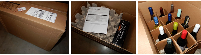 A three-panel photo of a box, an opened box, and a case of wine still in the box