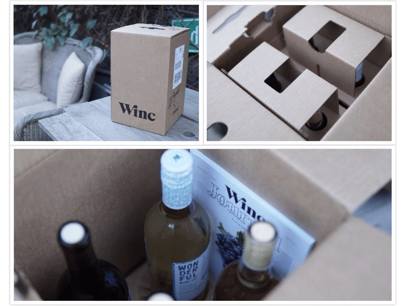 A three-panel photo of the Winc box, including its contents