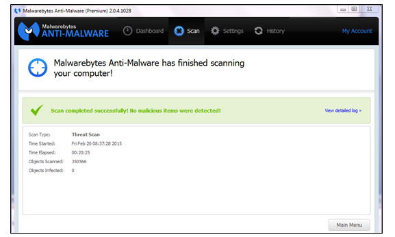 Malwarebytes Anti-Malware finished scanning screenshot