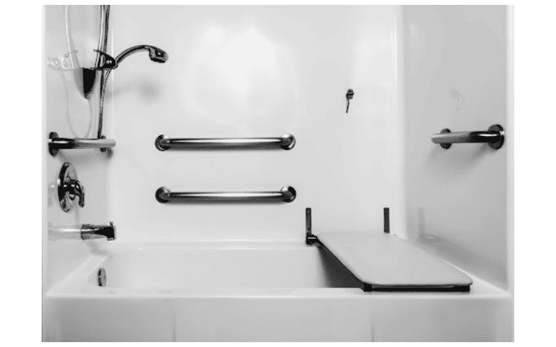 bath with grab bars and shower seat