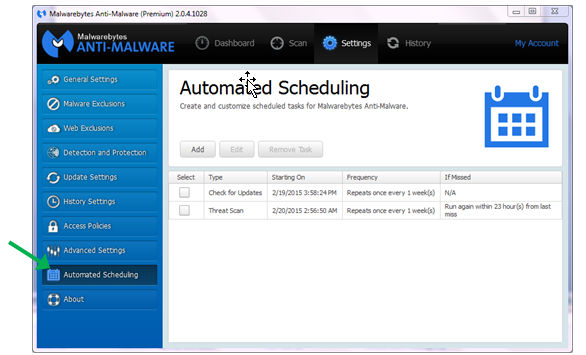 Automated Scheduling screenshot with arrow pointing to Scheduling tab