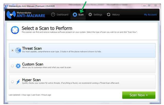 Screenshot of Malwarebytes scan selection page
