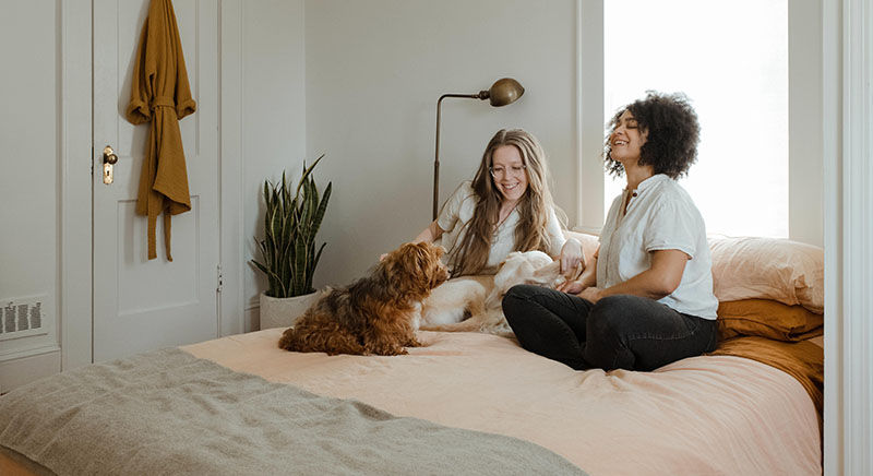 two women and two dogs sitting on a bed