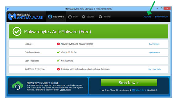 Screenshot of Malwarebytes free software