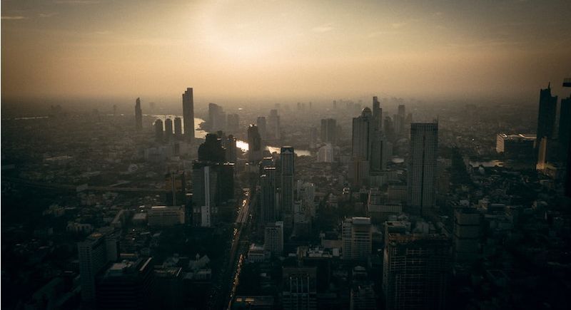 Skyline photo of downtown area filled with smog